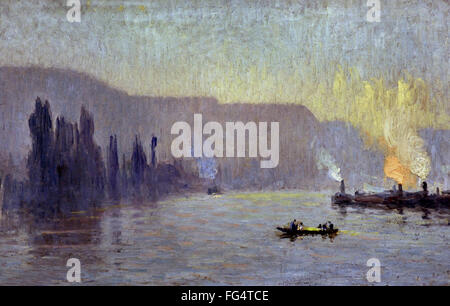 Joseph Delattre. 1858-1912. Scuola di Rouen. Il towboats, foschia sulla Senna. Francia - Francese Foto Stock