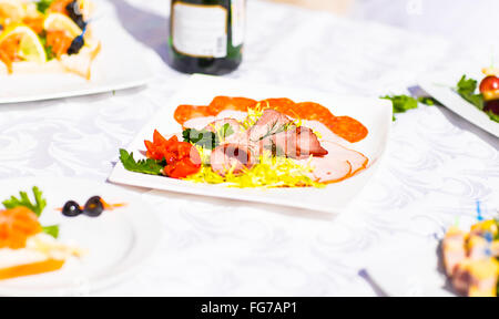 Antipasti di carne sul tavolo di festa Foto Stock