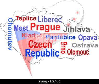 Repubblica ceca mappa e parole cloud con le città più grandi Foto Stock