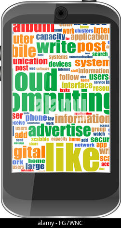 Smartphone touchscreen con parola sociale cloud isolato su bianco Foto Stock