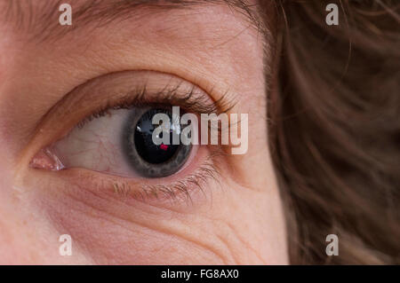 Close up della donna di occhio con solo una confezione regalo rossa riflessa nel suo occhio. Foto Stock