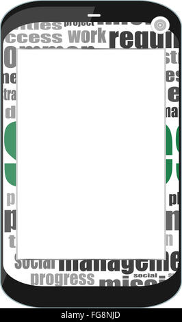 Touchscreen smart phone con sociale nuvola di parole isolate su sfondo bianco Foto Stock