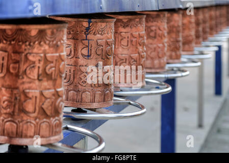 Il tibetano ruote della preghiera a Sarnath Temple, Varanasi, Uttar Pradesh, India Foto Stock