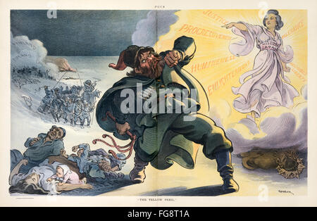 "The Yellow Peril" 1904 poster politico a fumetti dell'artista americano Udo J. Keppler (1872-1956) rivista Puck che mostra l'Impero russo raffigurato come una figura minacciosa che perseguitava la Polonia e la Finlandia accecata dalla luce di un Giappone progressista durante la guerra russo-giapponese. Foto Stock