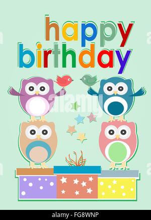 Scheda con graziosi owl, uccelli e confezioni regalo - Buon compleanno Foto Stock