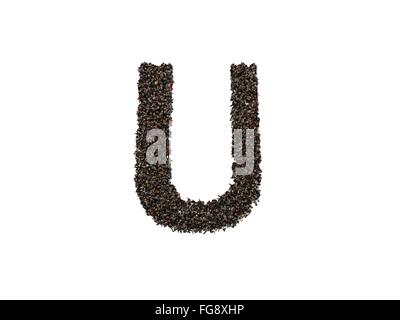 3d caratteri formanti la lettera U isolato su uno sfondo bianco visto da sopra Foto Stock