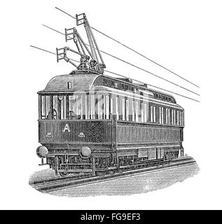 Stampa dal tardo Ottocento raffigurante un tram elettrico Foto Stock