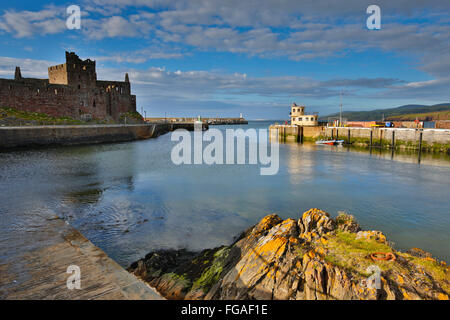 Buccia; il castello e il porto; Isola di Man; Regno Unito Foto Stock