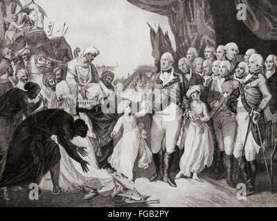 Signore Cornwallis ricevendo i figli di Tipu Sahib come ostaggi nel 1792. Charles Cornwallis, primo marchese Cornwallis, 1738 - 1805, aka Visconte truffare e Earl Cornwallis. Ufficiale dell'esercito britannico, amministratore coloniale, Governatore Generale dell'India. Foto Stock