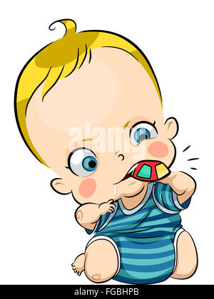 Illustrazione di un simpatico baby Drooling mentre il taglio su un giocattolo di masticare Foto Stock