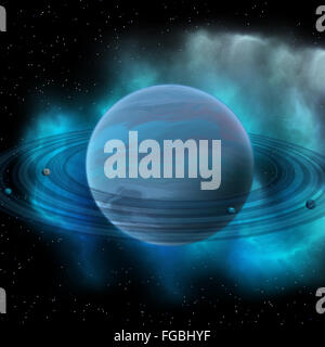 Nettuno è otto pianeta del nostro sistema solare e ha anelli planetari e una grande macchia scura che indica una tempesta sulla sua superficie. Foto Stock