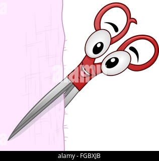 Il Mascot illustrazione di un paio di forbici taglio attraverso un pezzo di tessuto Foto Stock