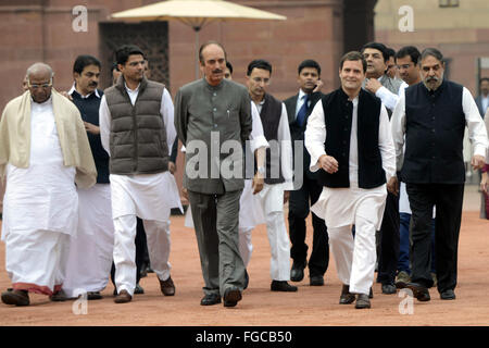 New Delhi, India. 18 Febbraio, 2016. India del Congresso di opposizione vice presidente Rahul Gandhi (2° R, anteriore) passeggiate fuori di indiani palazzo presidenziale dopo un incontro con il Presidente Pranab Mukherjee per quanto riguarda la violenza in atto nell'Università Jawaharlal Nehru di Nuova Delhi, India, Feb 18, 2016. La polizia ha arrestato il leader degli studenti presso l Università per presunto edition" la settimana scorsa e di una corte di Delhi autorizzata la sua detenzione fino il mese prossimo, che scatterà diffuse proteste da leftwing parti, gli studenti, gli intellettuali e i giornalisti. © Stringer/Xinhua/Alamy Live News Foto Stock