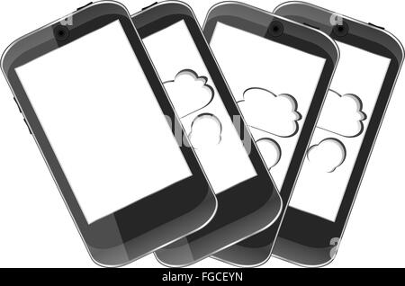 Smart phone set con il cloud computing simbolo su una schermata Foto Stock