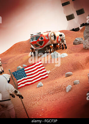 Scena fittizia ivi compresi i veicoli e gli astronauti raffigura presidiati la missione su Marte Foto Stock