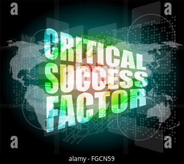 Fattore critico di successo di parole sul display digitale con mappa del mondo Foto Stock