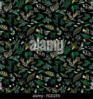 Vettore modello Eco schizzo Seamless texture con foglie e fiori su sfondo nero Illustrazione Vettoriale