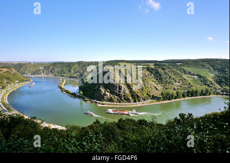 L'ansa del fiume Reno attorno alla rocca di Lorelei, Lorelei vista, Valle del Reno superiore e centrale, Germania Foto Stock