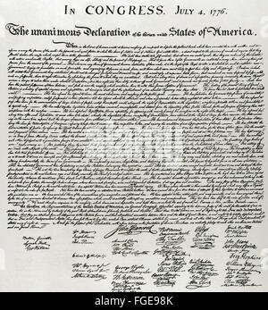La Dichiarazione di Indipendenza degli Stati Uniti d'America. Luglio 4, 1776. Autori: Thomas Jefferson, John Adams e Benjamin Franklin. Facsimile. Xix secolo. Foto Stock