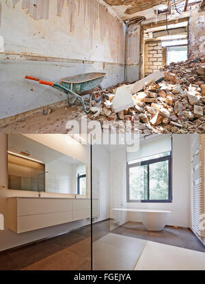 Vasca da bagno in corian, rubinetto e doccia in bagno piastrellato , rinnovamento prima e dopo Foto Stock