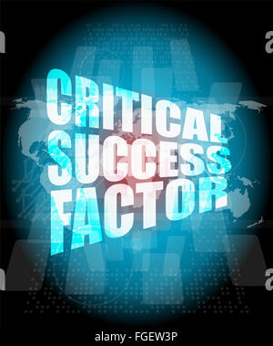 Fattore critico di successo di parole sul display digitale con mappa del mondo Foto Stock