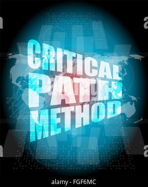 Percorso critico metodo parole su display digitale con mappa del mondo Foto Stock