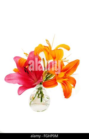 Rosso e arancio Gigli mazzo di fiori in un vaso di vetro Foto Stock