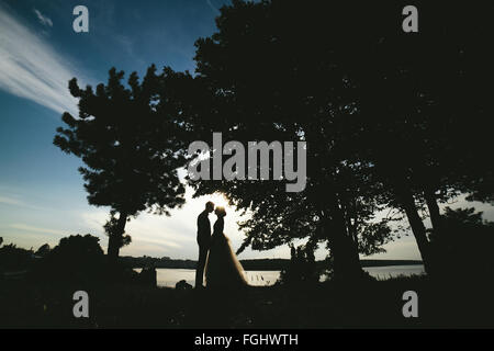 Sposa sposo in piedi nel parco Foto Stock