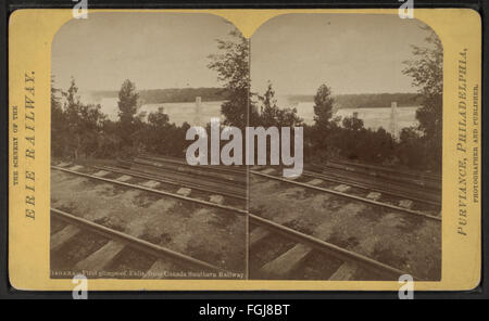 Una fotografia di William T. Purviance che cattura il primo scorcio delle Cascate del Niagara dalla Canada Southern Railway, mostrando il maestoso monumento naturale e il paesaggio circostante. Foto Stock