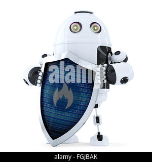 Robot con la protezione. Protezione firewall concetto. Isolato su bianco. Contiene il percorso di clipping Foto Stock