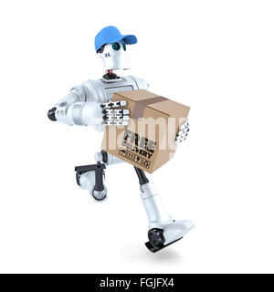 3D Courier Robot con il pacchetto. Consegna gratuita concetto. Isolato su bianco. Contiene il percorso di clipping Foto Stock