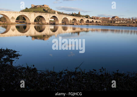 Medellin ponte vecchio castello e dal fiume Guadiana, Spagna Foto Stock