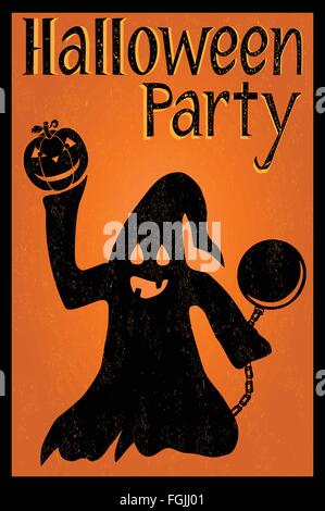 Festa di Halloween card con un fantasma in possesso di una zucca di Halloween Illustrazione Vettoriale