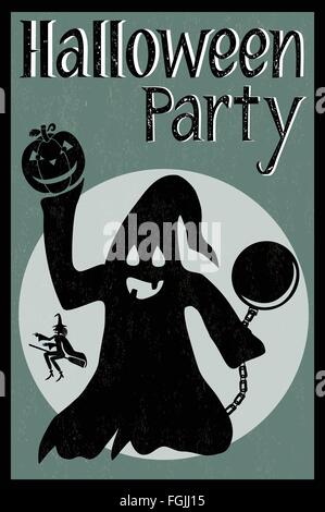 Festa di Halloween card con un fantasma in possesso di una zucca di Halloween Illustrazione Vettoriale