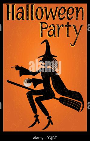 Festa di Halloween card con una strega a volare su una scopa su sfondo arancione Illustrazione Vettoriale