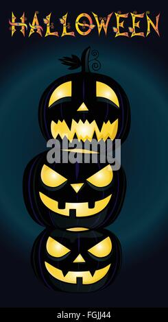 Tre zucche di Halloween e la parola Halloween su sfondo scuro Illustrazione Vettoriale