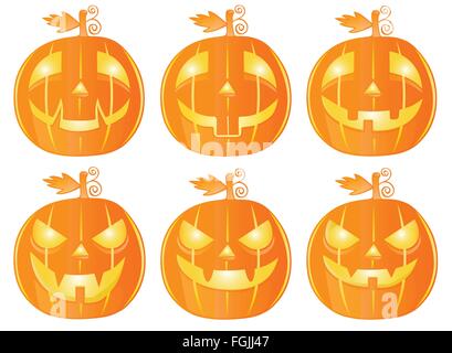 Sei zucche di Halloween isolato su bianco Illustrazione Vettoriale
