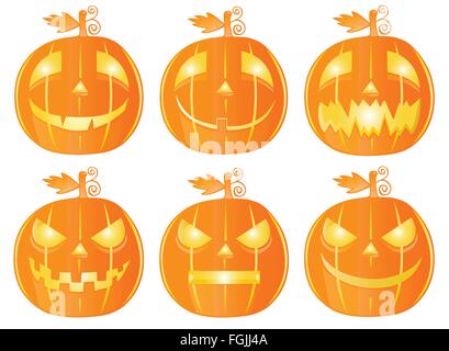 Sei zucche di Halloween isolato su bianco Illustrazione Vettoriale