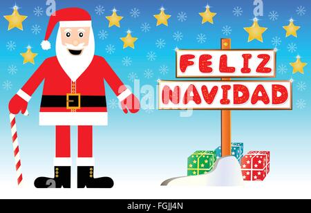 Santa Claus illustrazione con un buon natale cartello scritto in lingua spagnola Illustrazione Vettoriale