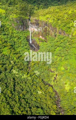 Vista aerea della grande vasca con cascata, Kauai, Hawaii. Foto Stock