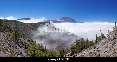 Vulcano Pico del Teide al di sopra del commercio vento nuvole, Parco Nazionale di Teide Tenerife, Isole Canarie, Spagna Foto Stock