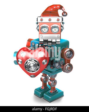 Retrò Santa Robot con cuore meccanico. Isolato su bianco. Contiene il percorso di clipping Foto Stock