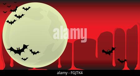 Pipistrelli Vampiro volare in formazione attraverso la caduta luna contro una corsa di sangue sky Illustrazione Vettoriale