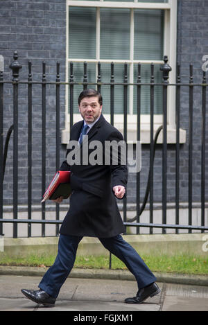 A Downing Street, Londra, Regno Unito. Xx Febbraio, 2016. Segretario gallese Stephen Crabb arriva al No.10. Ministri di arrivare per un sabato riunione del gabinetto al n. 10 per essere informato sui negoziati UE. Credito: Malcolm Park editoriale/Alamy Live News Foto Stock