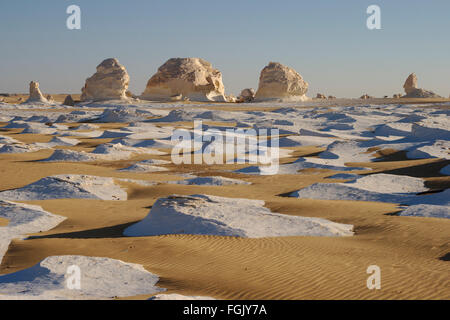 Sabbia e calcare bianco cercando come il ghiaccio in un mare di sabbia (la luce del mattino), White Desert, Egitto Foto Stock