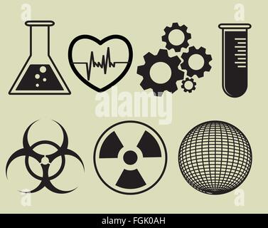 La scienza e la fisica icone correlate in nero. Illustrazione Vettoriale Illustrazione Vettoriale