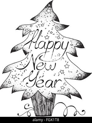 Disegnate a mano della scheda Messaggi di saluto felice anno nuovo, in bianco e nero un grafico Illustrazione Vettoriale