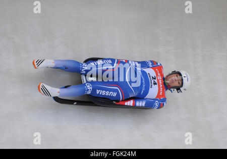 Winterberg, Germania. Xx Febbraio 2016. In Russia la Tatiana Ivanova in azione durante il singolare femminile gara alla Coppa del Mondo di slittino a Winterberg, Germania, 20 febbraio 2016. Foto: CAROLINE SEIDEL/dpa Credito: dpa picture alliance/Alamy Live News Foto Stock