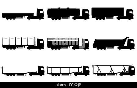 Le icone di set autocarri semi rimorchio silhouette nera illustrazione isolati su sfondo bianco Foto Stock