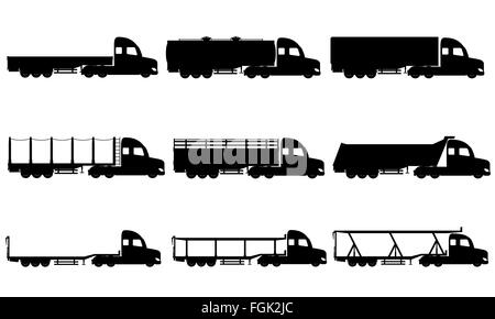 Le icone di set autocarri semi rimorchio silhouette nera illustrazione isolati su sfondo bianco Foto Stock